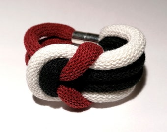 Red White and Black Wide Bracelet, Fancy Fashion Bracelet, Unique Design Bracelet, Eco Friendly Jewelry, Knot Cord Bracelet, Stunning Jewel