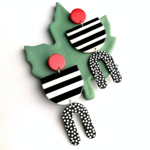 Geometric Black & White Stripe Polka Dot Acrylic Earrings, Statement Chandelier Dangle Earrings,Lightweight Long Boho Unique Design Earrings