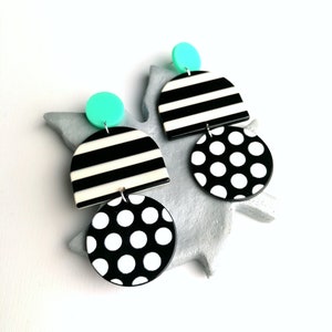 Stunning Retro Black White Aqua Polka Dot Acrylic Earrings, Statement Handmade Dangle Earrings, Lightweight Long Boho Unique Design Earrings