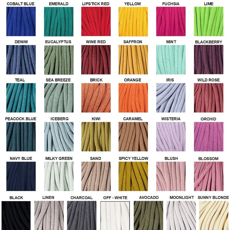 Puede incluir: Una tabla de 36 colores diferentes de cord&oacute;n, cada color est&aacute; etiquetado con un nombre. Los colores est&aacute;n dispuestos en una cuadr&iacute;cula de seis filas y seis columnas.