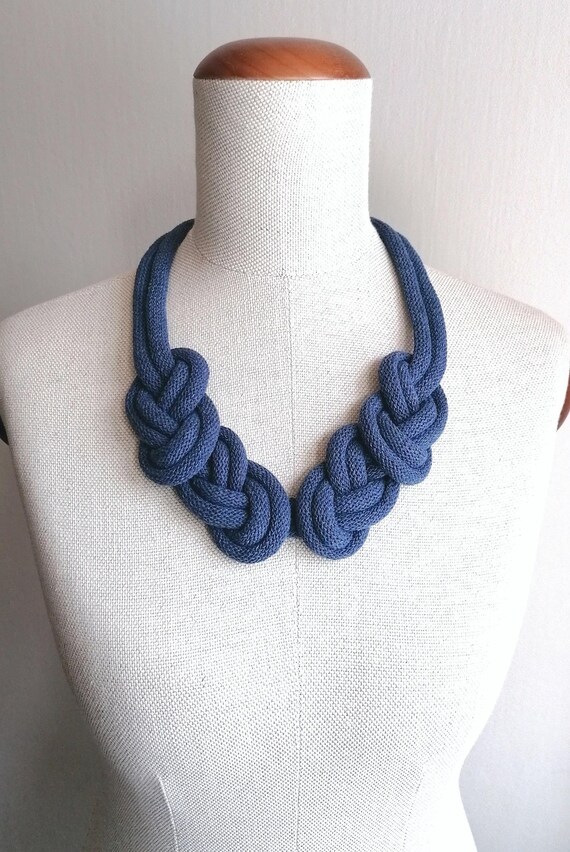 Statement Denim Blue Necklace, Knot Bold Collar, Textile Bib Necklace, Blue Bib Necklace, Chunky Jewelry, Handmade Denim Blue Knot Necklace