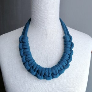 Peacock Blue Knot Necklace, Cord Bib Long Necklace, Bold Woven Chunky Collar, Handmade Textile Woman&#39;s Necklace, Statement Blue Big Necklace