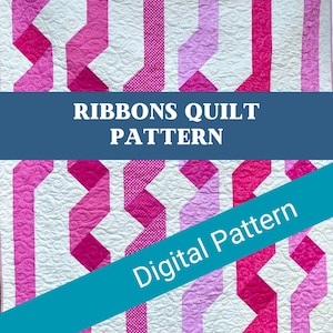 Könnte beinhalten: Ein gesteppter Stoff mit einem Banddesign in Rosa und Weiß. Der Quilt hat ein sich wiederholendes Muster aus stilisierten Bändern mit unterschiedlichen Texturen. Der Text "RIBBONS QUILT PATTERN" wird zusammen mit "Digital Pattern" angezeigt.