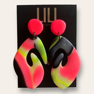 Neon colors organic shape swirl earrings, unique, oversized statement earrings with neon pink tops, made from polymer clay
