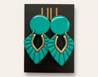 Turquoise and gold earrings, art deco design, handpainted gold accents, handmade from polymer clay