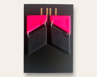Neon pink and black, geometric, color block earrings, lightweight, handmade from polymer clay