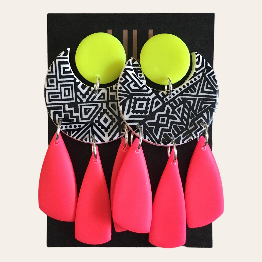 Neon Pink Statement Earrings Neon Yellow Earrings Aztec Etsy