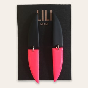 Neon pink and black earrings, neon pink thin earrings, neon statement earrings, pink and black neon jewelry