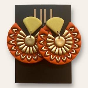 Orange and gold round boho statement earrings from polymer clay earrings