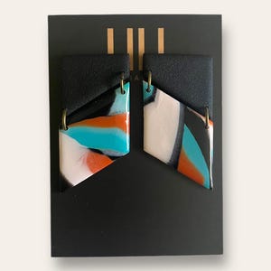 Turquoise, beige, black and orange, geometric marble earrings, lightweight, handmade from polymer clay