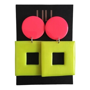 Neon pink and neon yellow geometric, square hoops earrings handcrafted from polymer clay