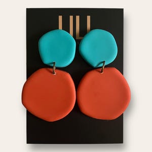 Turquoise and orange color block organic shape earrings, lightweight, handmade from polymer clay