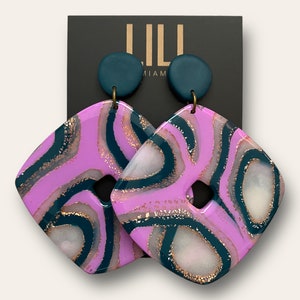 Teal and purple oversized marble square earrings with gold accents, handmade from polymer clay