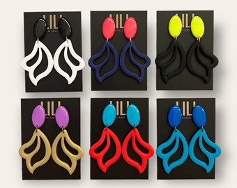 Oversized unique neon color block earrings handmade from polymer clay