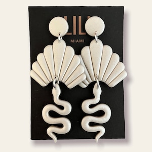 Oversized white snake earrings handmade polymer clay, unique snake earrings, serpent jewelry