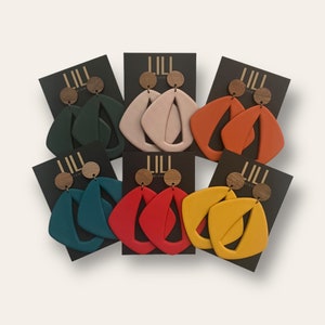 Puede incluir: Seis pares de pendientes de forma geométrica en varios colores, incluyendo azul verdoso, rojo, naranja, amarillo y rosa. Cada par tiene un círculo de madera con el texto "LILLI MIAMI" en él.