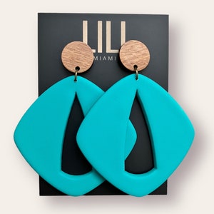Oversized turquoise square earrings handmade from polymer clay
