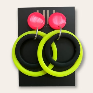 Neon yellow, neon pink and black oversized layered hoops, lightweight, made from polymer clay