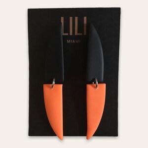 Neon orange and black fangs earrings, neon orange thin earrings, neon statement earrings, orange and black neon jewelry