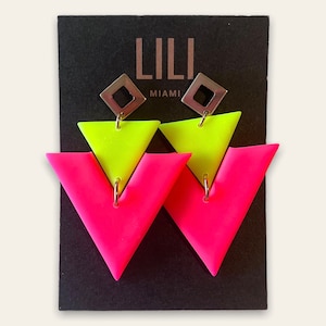 Neon pink and neon yellow triangle earrings with gold color posts