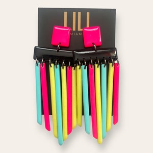 Neon rainbow oversized dangles made from polymer clay