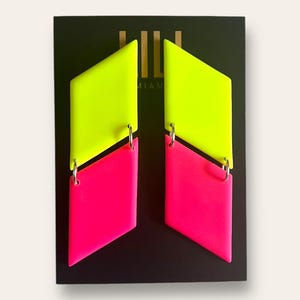 Neon yellow and pink, geometric, color block earrings, lightweight, handmade from polymer clay