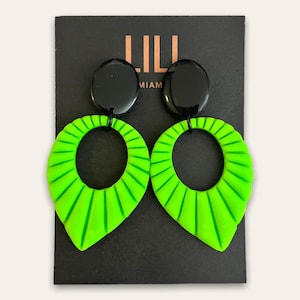 Neon green and black color block Art Deco drop earrings made from polymer clay