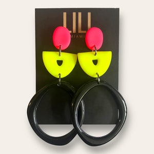 Neon yellow, neon pink and black oversized hoops, lightweight, made from polymer clay