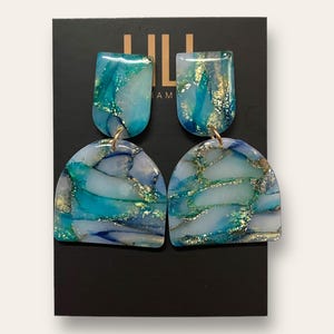 Unique turquoise, green and gold, marble earrings, lightweight, handmade from polymer clay