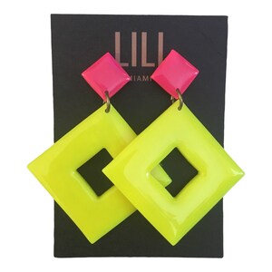 Neon pink and neon yellow geometric earrings, neon oversized polymer clay earrings, pink and yellow boho earrings, neon bohemian earrings