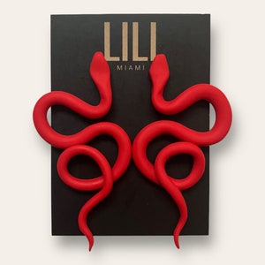 Puede incluir: Un par de pendientes rojos en forma de serpiente. Los pendientes están hechos de un material liso y brillante y miden aproximadamente 7,5 cm de largo.