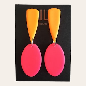 Neon pink and orange color block, drop earrings, neon handmade earrings, polymer clay earrings, neon statement earrings, neon oval earrings