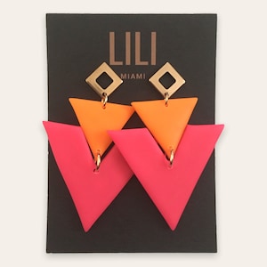 Neon pink and neon orange triangle earrings with gold color posts
