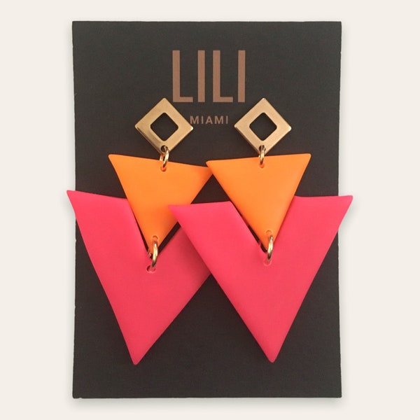 Neon pink and neon orange triangle earrings with gold color posts
