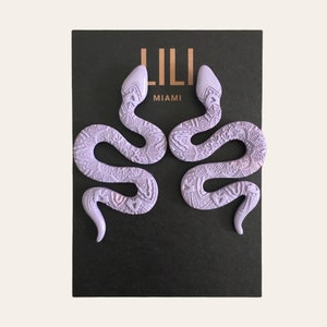 Elegant snake earrings, mystical snake earrings made from polymer clay, lavender snake earrings, Egyptian style jewelry