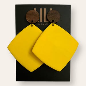 May include: A pair of vibrant yellow, square-shaped earrings with dark brown circular studs. The earrings are presented on a black card with the text "LILI MIAMI". The earrings have a contemporary, geometric design.