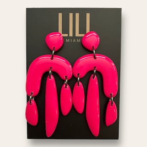Hot pink organic shape dangle  earrings, lightweight, made from polymer clay