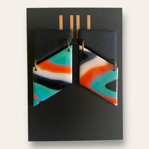 Turquoise, beige, black and orange, geometric marble earrings, lightweight, handmade from polymer clay