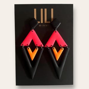 Neon colors earrings, diamond shaped in neon pink, black and neon orange, lightweight, handmade from polymer clay