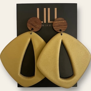 Oversized gold clay, lightweight, square earrings, handmade from polymer clay