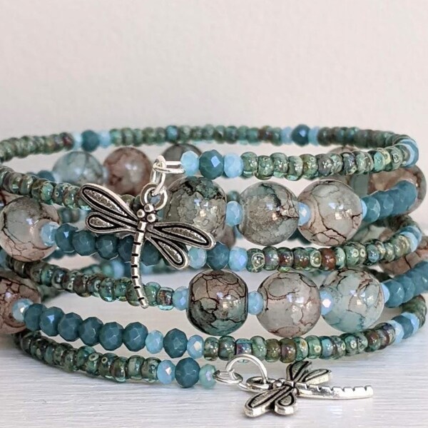 Memory Wire Beaded Bracelet/Wire Wrap/Seed Bead Stacked Bangle/Dragonfly Charm