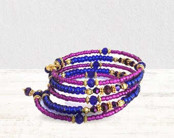 Memory Wire Beaded Bracelet/Wire Wrap/Seed Bead Stacked Coil/Bohemian Style Jewelry/Cerise and Blue Coloured Bead Bracelet