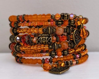 Orange and Bronze Coloured Memory Wire Beaded Bracelet/Wire Wrap/Seed Bead Stacked Bangle/Boho Style