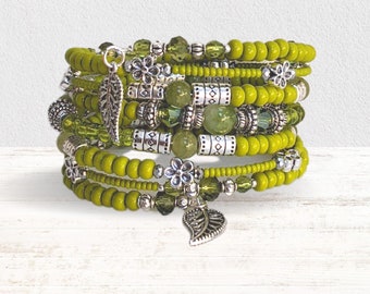 Lime Green and Silver Coloured Memory Wire Beaded Bracelet/Wire Wrap/Seed Bead Stacked Bangle