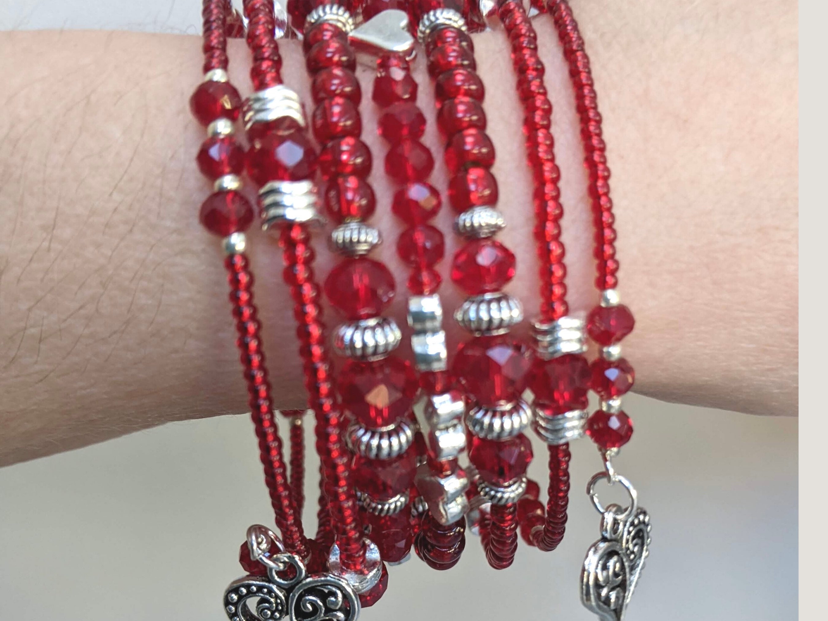 Beaded Heart Bracelet/memory Wire Stacked Bangle/valentines Etsy