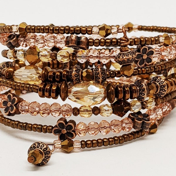 Copper And Peach Coloured Memory Wire Bracelet/Beaded Boho Style Bangle