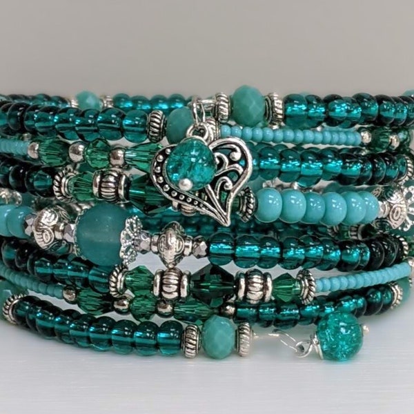 Memory Wire Bracelet.   Multi Loop Seed Bead Wrap Bangle in Teal. Stacked cuff.