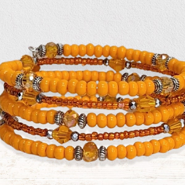 Memory Wire Bracelet in Tangerine Orange and gold/Boho Cuff Bracelet/ Stacked Coil Bangle/Seed Bead Wrap