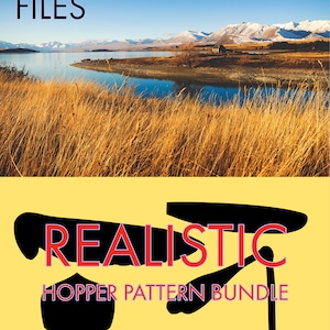 May include: A digital download of SVG cut files for Cricut or Silhouette machines. The image shows a scenic landscape with a lake and mountains in the background. The text "REALISTIC HOPPER PATTERN BUNDLE" is in red and black on a yellow background.