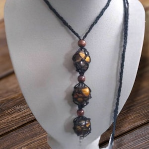 Tigers eye triple cage adjustable macrame crystal holder pouch necklace with all interchangeable stones
